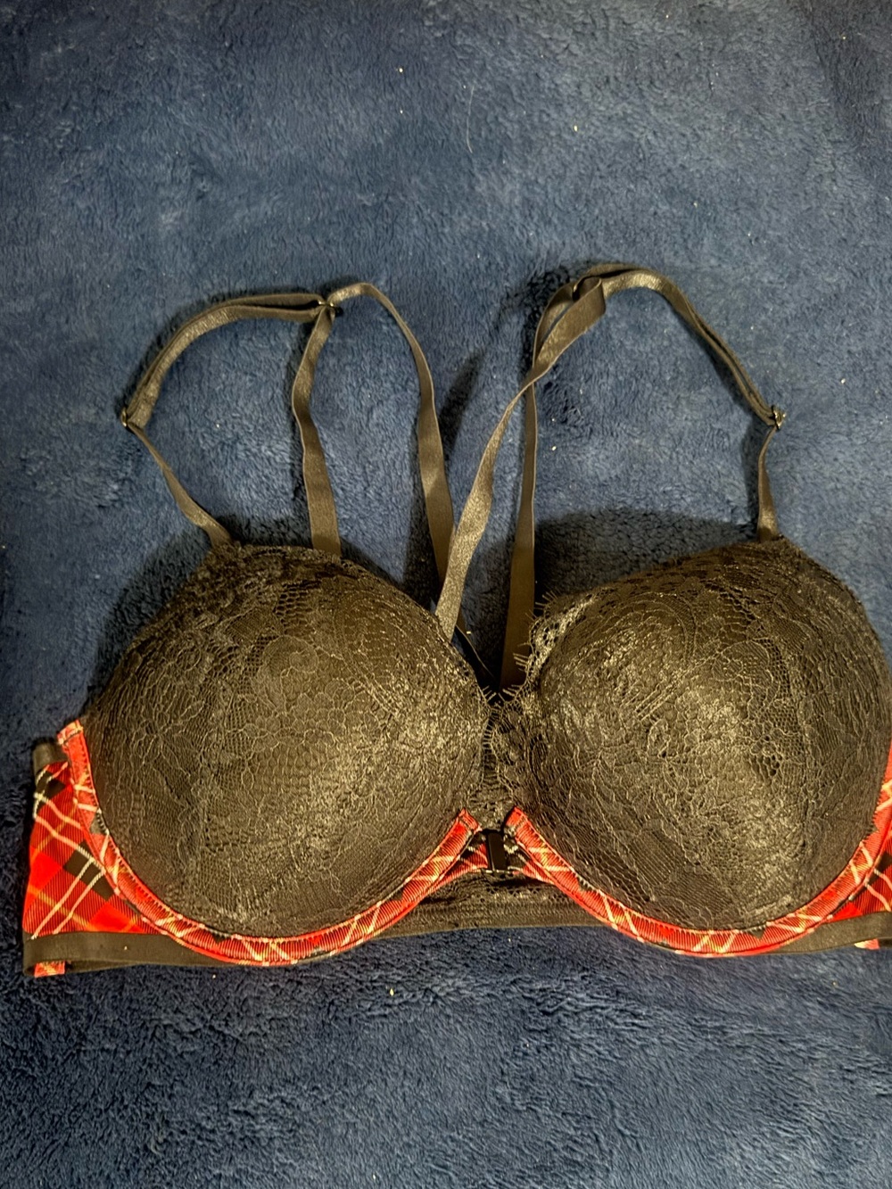 Victoria's Secret Black Lace Bra with Red Plaid Trim